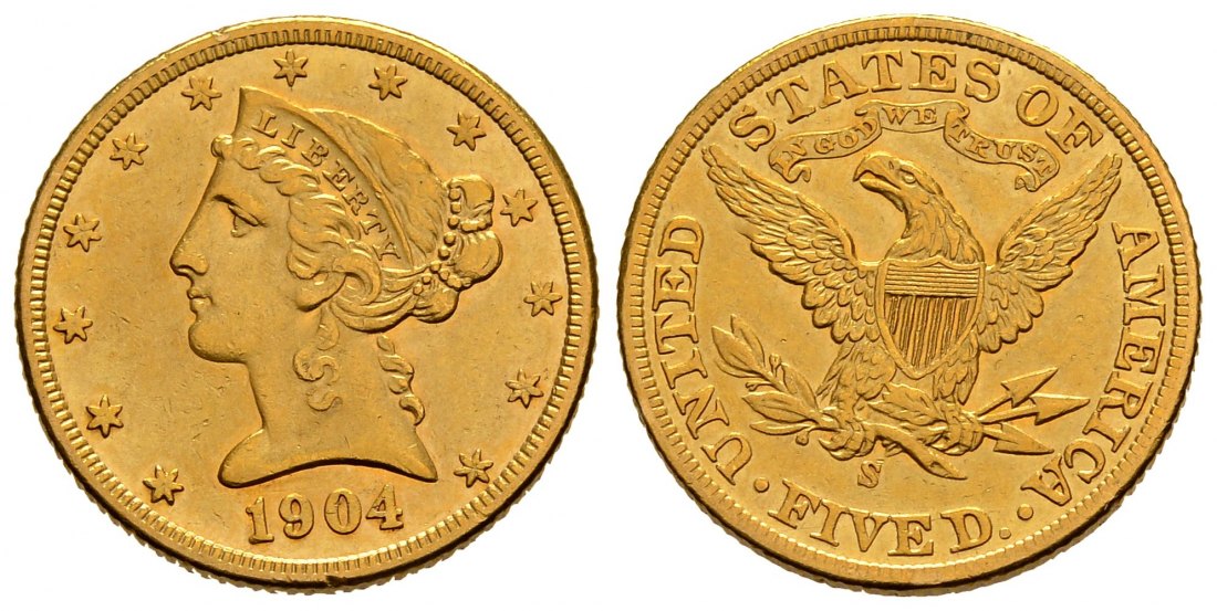 PEUS 1621 USA 7,52 g Feingold. Coronet Head 5 Dollars GOLD 1904 S Sehr schön