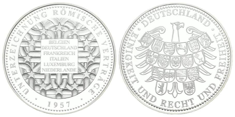  Unterzeichnung Römischer Verträge 1957, Medaille PP; Silber (999/1000), 20 g, Ø 40 mm   