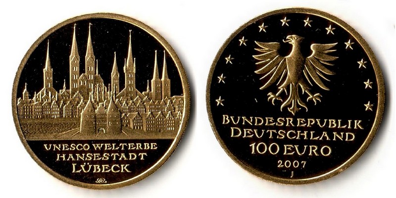 BRD  100 Euro  2007 J MM-Frankfurt  Feingold: 15,55g UNESCO Weltkulturerbe -Hansestadt Lübeck  