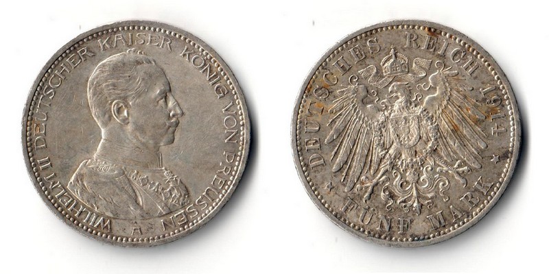  Preußen, Kaiserreich  5 Mark  1914 A  Wilhelm II. 1888-1918   FM-Frankfurt Feinsilber: 25g   