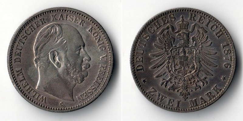  Preussen, Kaiserreich  2 Mark  1876 C  Wilhelm I. 1861 - 1888   FM-Frankfurt  Feinsilber: 10g   