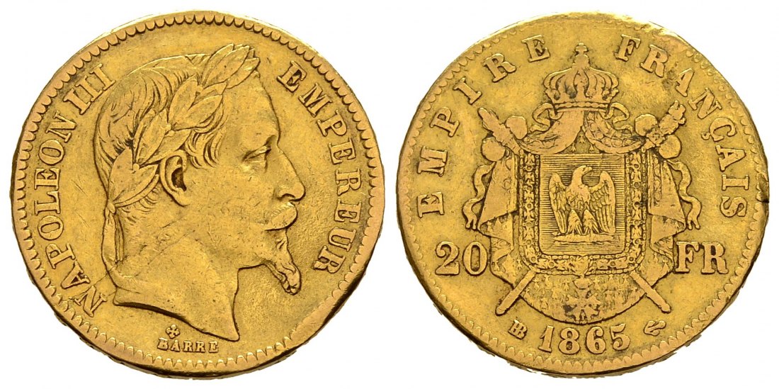 PEUS 1912 Frankreich 5,81 g Feingold. Napoleon III. (1852-1870) 20 Francs GOLD 1865 BB Randfehler, Sehr schön