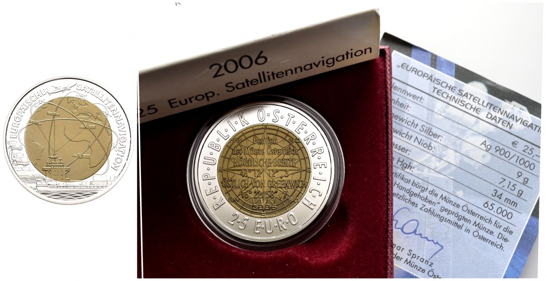 PEUS 1970 Österreich 9 g Feinsilber + 7,15 g Feinniob. Europa Satellitennavigation mit Zertifikat + Originalverpackung 25 Euro SILBER + NIOB 2006 Stempelglanz (in Kapsel)