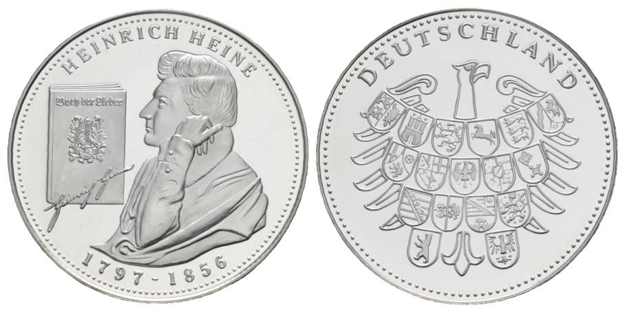  Gedenkprägung Heinrich Heine, Deutschland, Medaille PP, Ø 34 mm, 15 g   