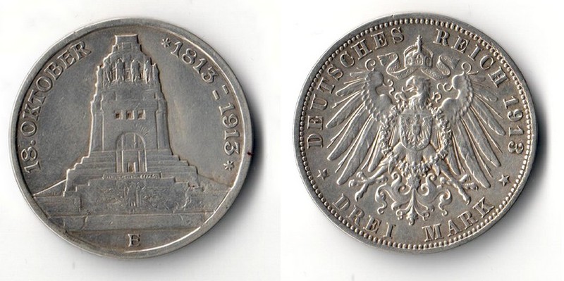  Sachsen, Kaiserreich  3 Mark  1913 E    Völkerschlacht bei Leipzig   FM-Frankfurt    Feinsilber: 15g   