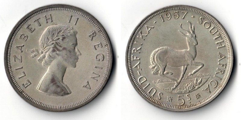  Süd Afrika  5  Shillings  1957    Büste von Königin Elisabeth I   FM-Frankfurt    Feinsilber: 14,14g   