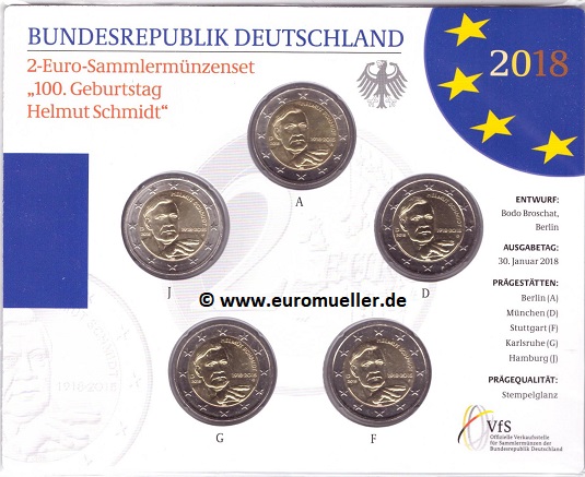Deutschland 5x 2 Euro Gedenkmünze 2018...Schmidt...bu.   