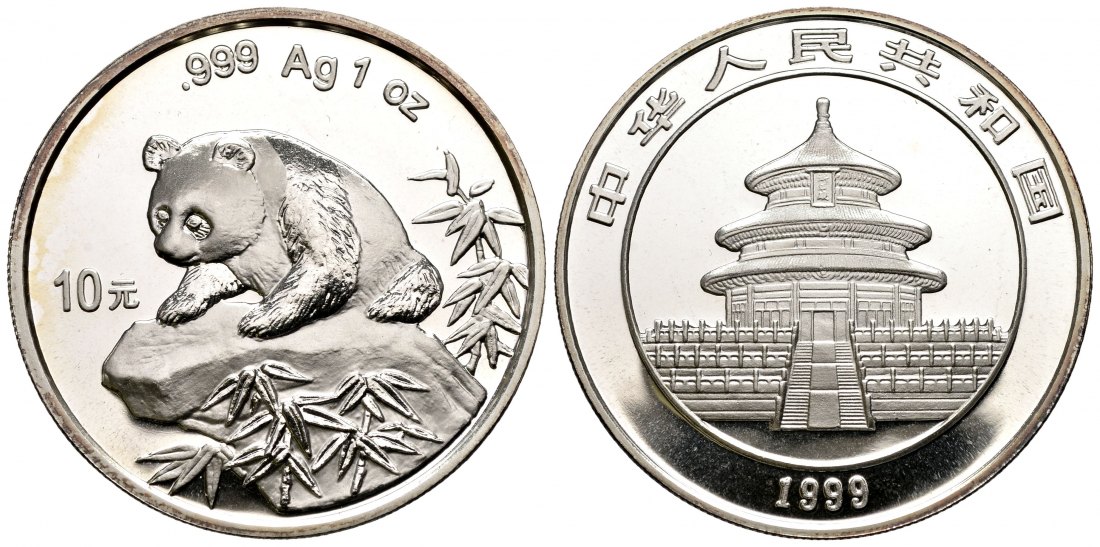 PEUS 2169 China 31,1 g Feinsilber. Panda auf Fels 10 Yuan SILBER 1999 Uncirculated