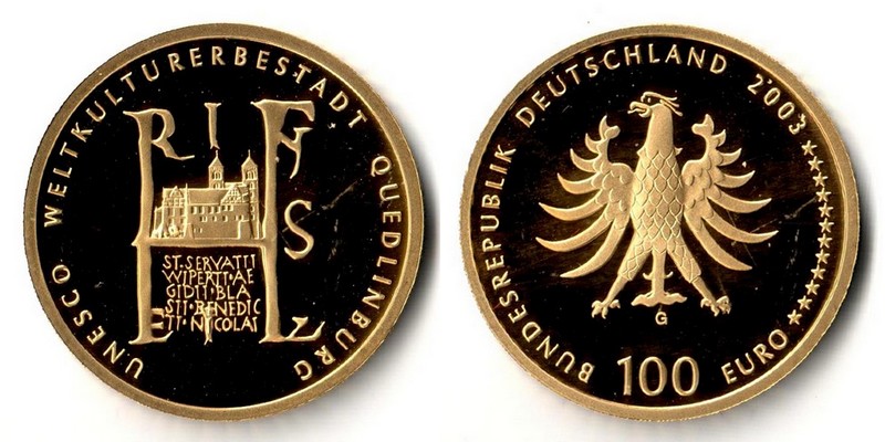 BRD   100 Euro  2003 G MM-Frankfurt  Feingold: 15,5g UNESCO Weltkulturerbe - Quedlinburg  