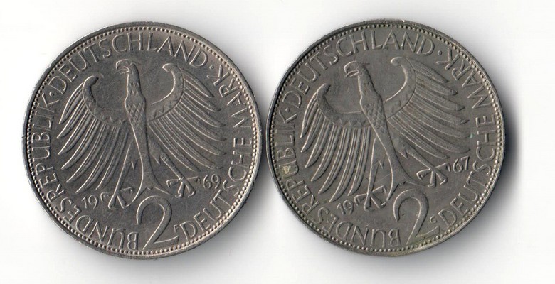  BRD  2 DM  1969 F,G  Max Planck     FM-Frankfurt    Gewicht: 7g je Münze   