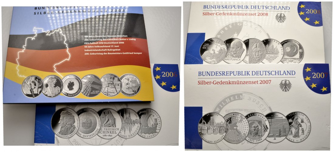 PEUS 2191 BRD Insg. 210,00 Euro. In Originalverpackung 10 Euro Gedenkmünzen-Lot(21 Münzen) 2003, 6, 7, 8 Spiegelglanz