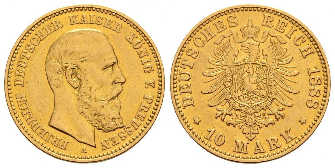 PEUS 2200 Kaiserreich - Preußen 3,58 g Feingold. Friedrich III. (09.03.- 15.06.1888) 10 Mark GOLD 1888 A Kl. Kratzer, Sehr schön