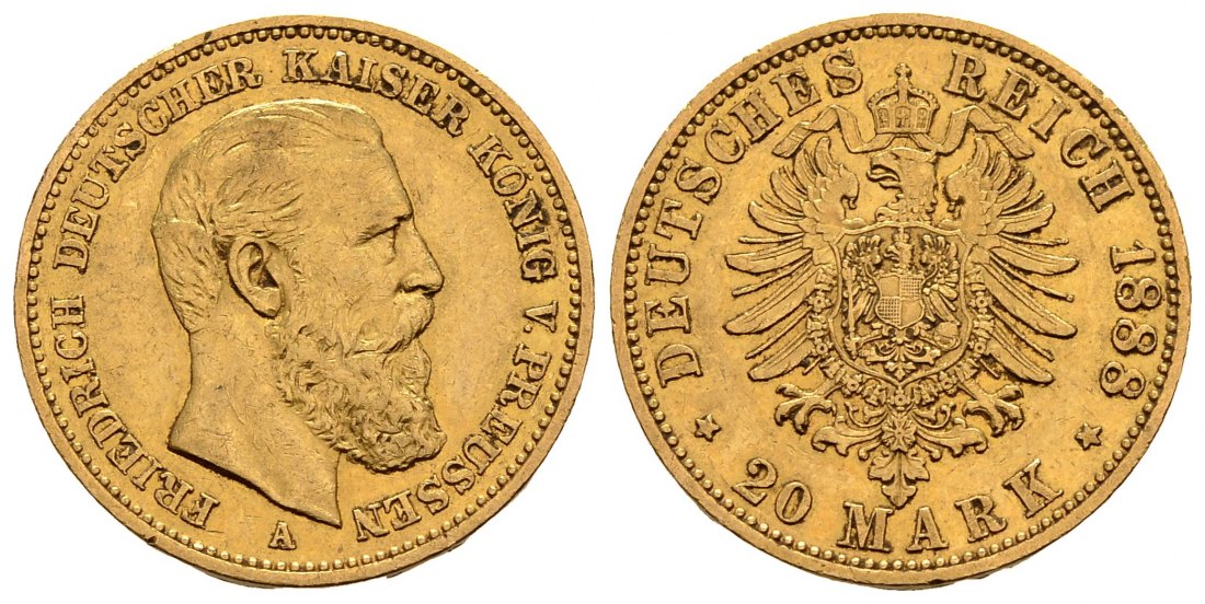 PEUS 2201 Kaiserreich - Preußen 7,16 g Feingold. Friedrich III.(09.03. - 15.06.1888) 20 Mark GOLD 1888 A Sehr schön / Sehr schön +