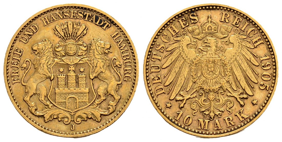 PEUS 3948 Kaiserreich - Hamburg 3,58 g Feingold. Stadtwappen - Großer Adler 10 Mark GOLD 1905 J Sehr schön / Vorzüglich