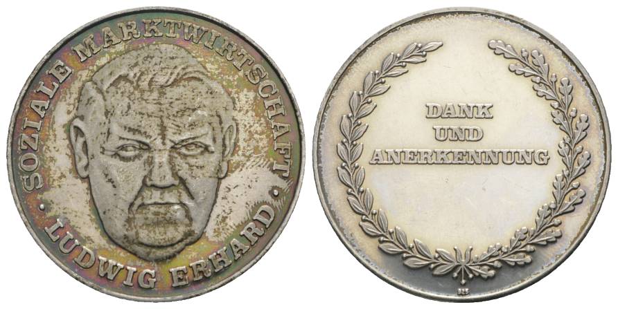  Medaille o.J.; Ludwig Erhard - Soziale Marktwirtschaft; AG 925; 26,0 g, Ø 40 mm   