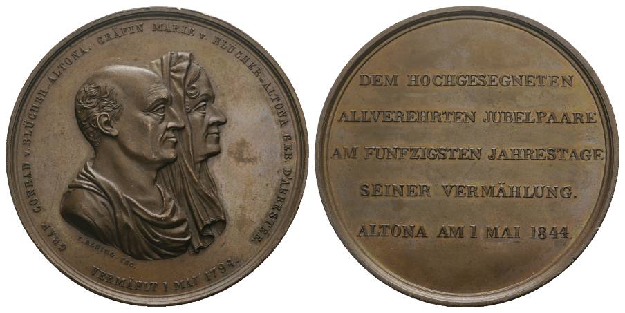 Hamburg, Auf die Goldene Hochzeit Graf von Blücher-Altona; Bronzemedaille 1844; 107,31 g, Ø 60 mm   