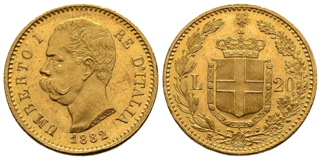 PEUS 2312 Italien 5,81 g Feingold. Umberto I. (1878 - 1900) 20 Lire GOLD 1882 R Rom Kl. Kratzer, fast Vorzüglich