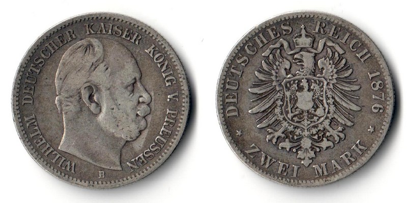  Preussen, Kaiserreich  2 Mark  1876 B  Wilhelm I. 1861 - 1888   FM-Frankfurt Feinsilber: 10g   