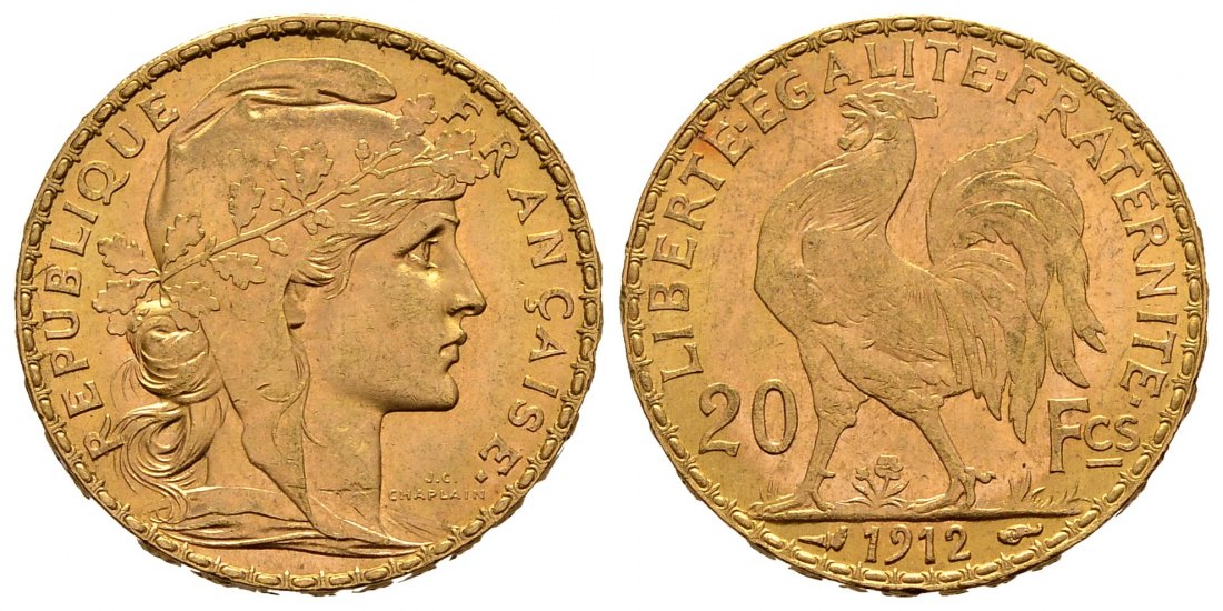 PEUS 2349 Frankreich 5,81 g Feingold. Marianne 20 Francs GOLD 1912 Kl. Kratzer, fast Vorzüglich