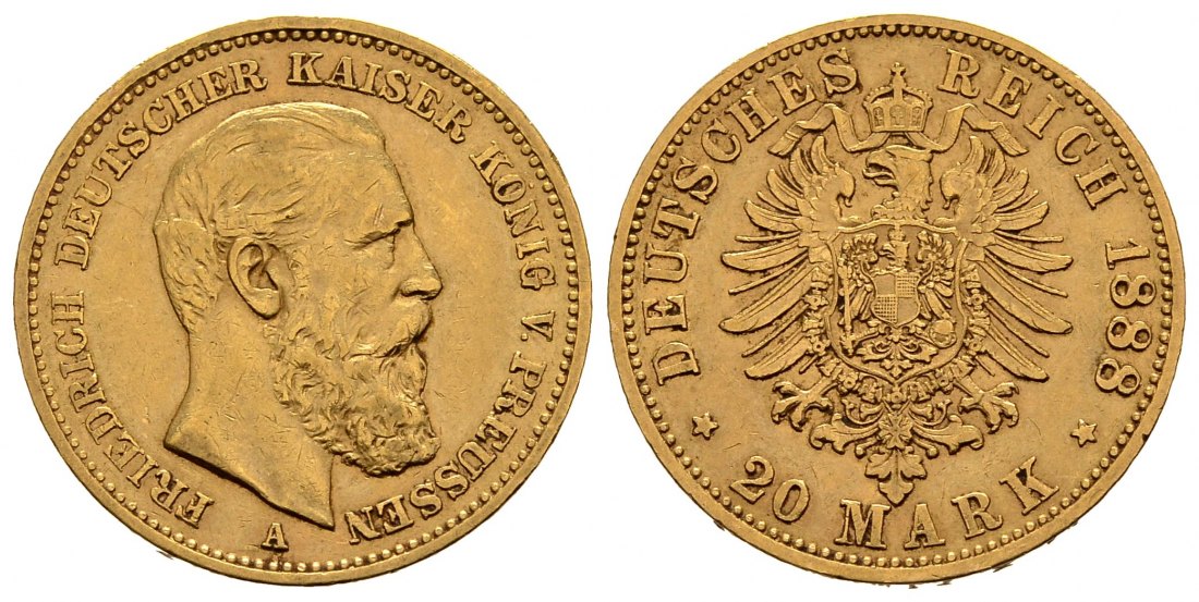 PEUS 2356 Kaiserreich - Preußen 7,16 g Feingold. Friedrich III.(09.03. - 15.06.1888) 20 Mark GOLD 1888 A Sehr schön