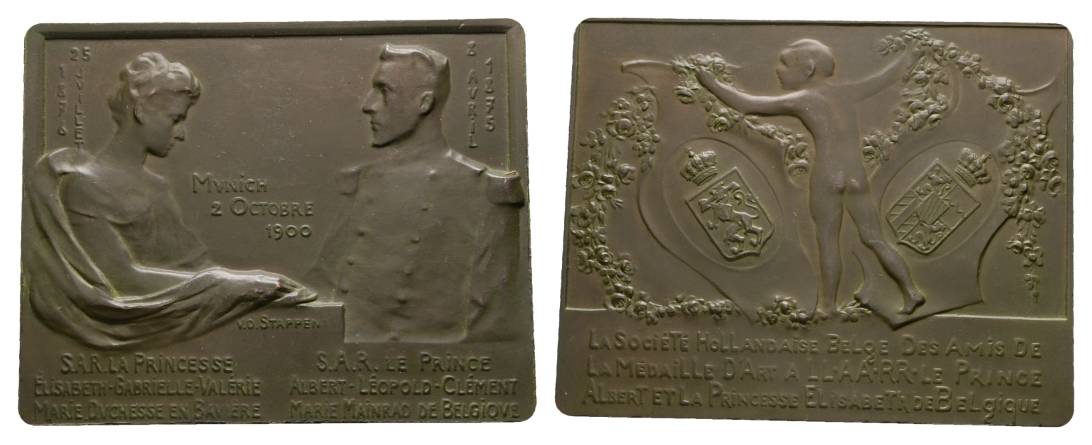  Belgien, Prinz Albert u. Prinzessin Elisabeth, Bronzeplakette 1900; 83,62 g, 62 x 50 mm   