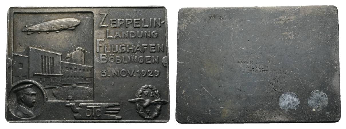  Deutsches Reich; Böblingen Zeppelinlandung, Zinnplakette 1929; 77,34 g, 72 x 54 mm   