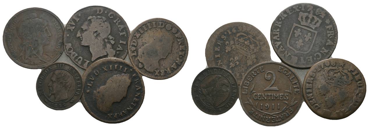  Frankreich; 5 Kleinmünzen Bronce   