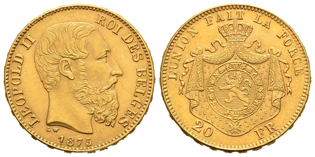 PEUS 2529 Belgien 5,81 g Feingold. Leopold II. (1865-1909) 20 Francs GOLD 1875 Kl. Kratzer, Sehr schön +