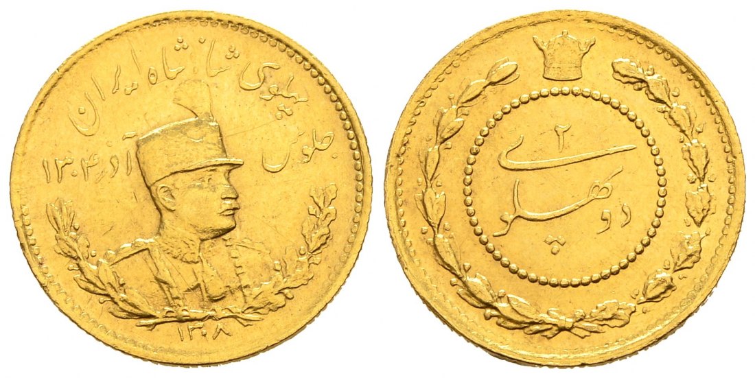 PEUS 2533 Iran 3,8 g Feingold. Reza Shah (1925 - 1941) 2 Pahlavi GOLD 1308 (1929) Sehr schön