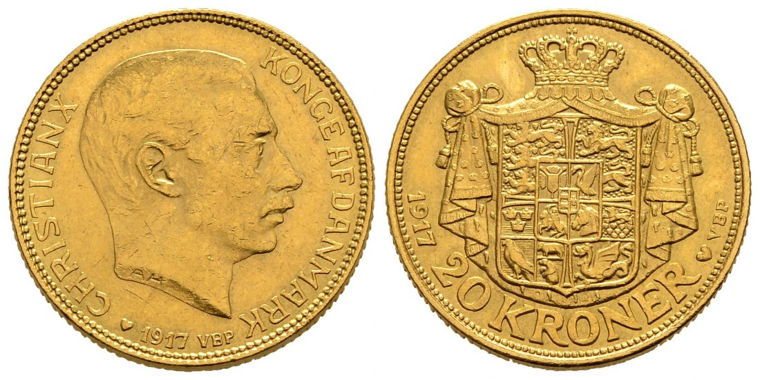 PEUS 2544 Dänemark 8,06 g Feingold. Christian X. (1912 - 1947) 20 Kronen GOLD 1917 VBP Kl. Kratzer, Sehr schön / Vorzüglich