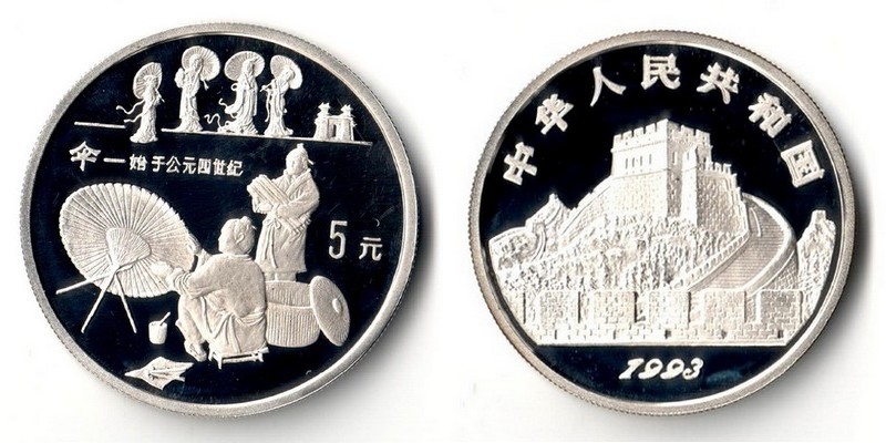  China  5 Yuan  1993  Chinesischer Hutmacher  FM-Frankfurt  Feinsilber: 20g   