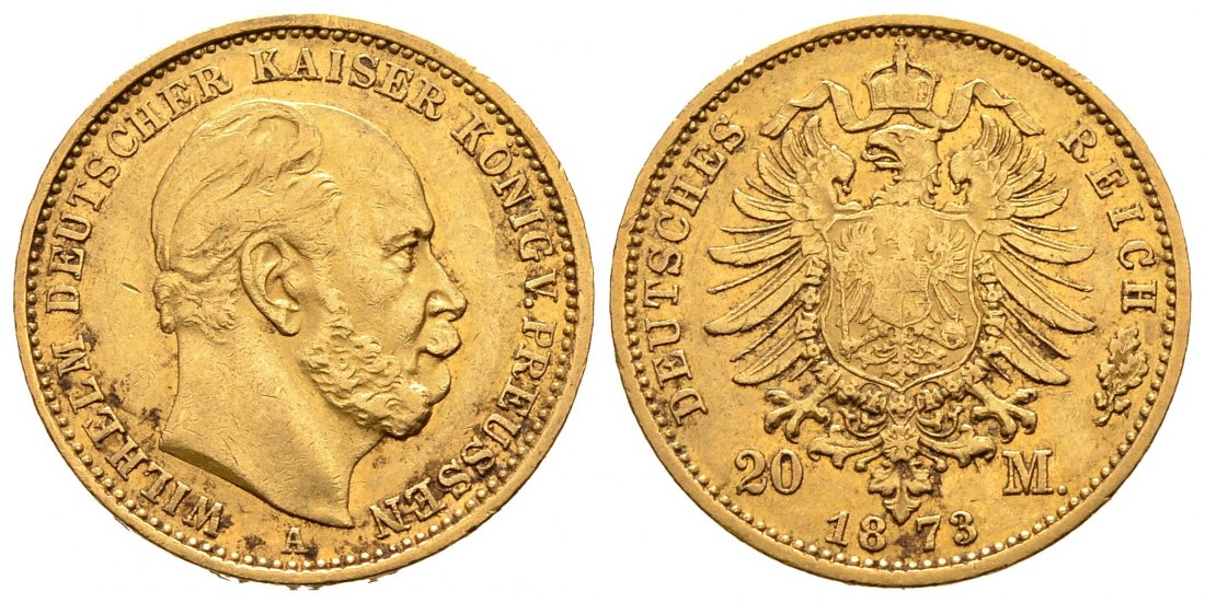 PEUS 2569 Preußen - Kaiserreich 7,16 g Feingold. Wilhelm I. (1861 - 1888) 20 Mark GOLD 1873 A Verschmutzt, Sehr schön