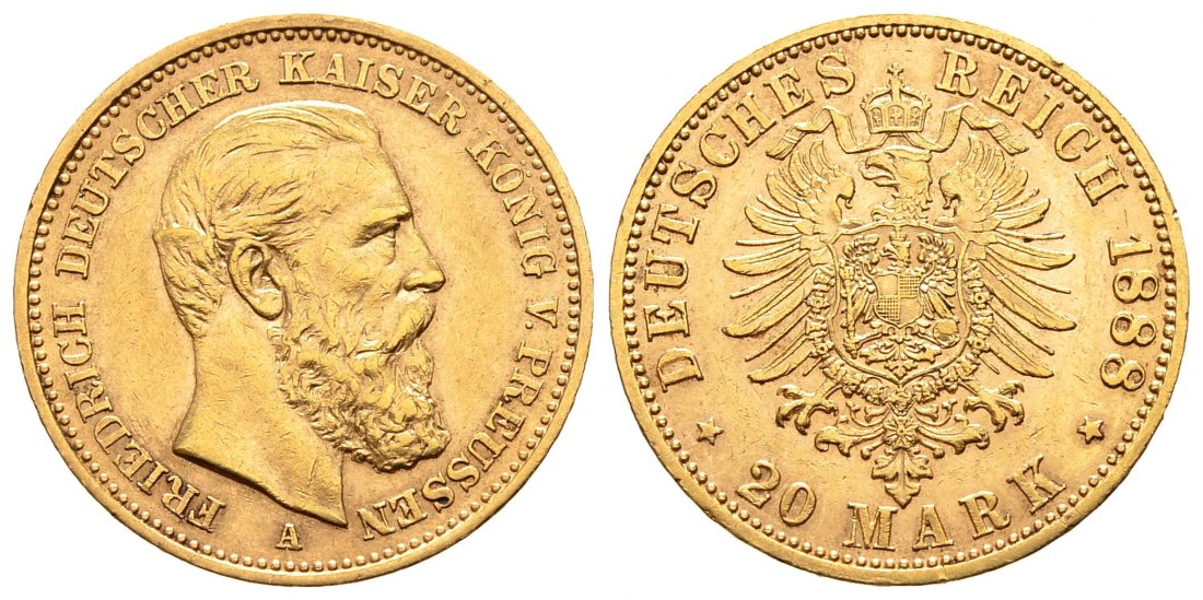 PEUS 2573 Preußen - Kaiserreich 7,16 g Feingold. Friedrich III. (1888) 20 Mark GOLD 1888 A Kl. Randfehler,Sehr schön / Sehr schön +