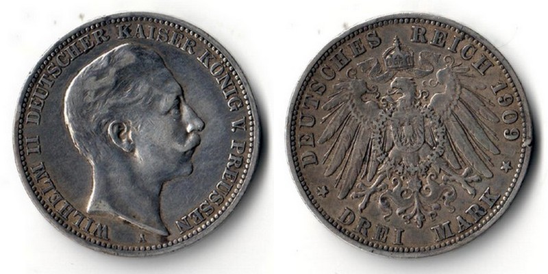  Preussen, Kaiserreich  3 Mark  1909 A  Wilhelm II. 1888-1918    FM-Frankfurt   Feinsilber: 15g   