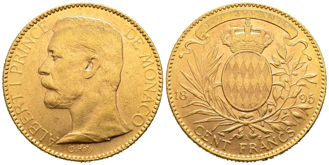 PEUS 2577 Monaco 29,03 g Feingold. Albert I. (1889 - 1922) 100 Francs GOLD 1895 A Kl. Kratzer, Sehr schön / fastVorzüglich