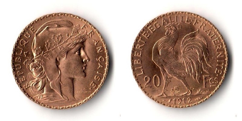 Frankreich  20 Francs  1912 MM-Frankfurt Feingold: 5,81g Marianne  