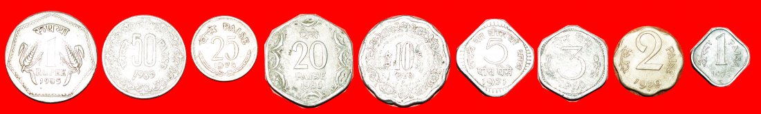  + SET 9 COINS: INDIA ★ 1-2-3-5-10-20-25-50 PAISE  - 1 RUPEE TYPE 1964-1991! LOW START ★ NO RESERVE!   