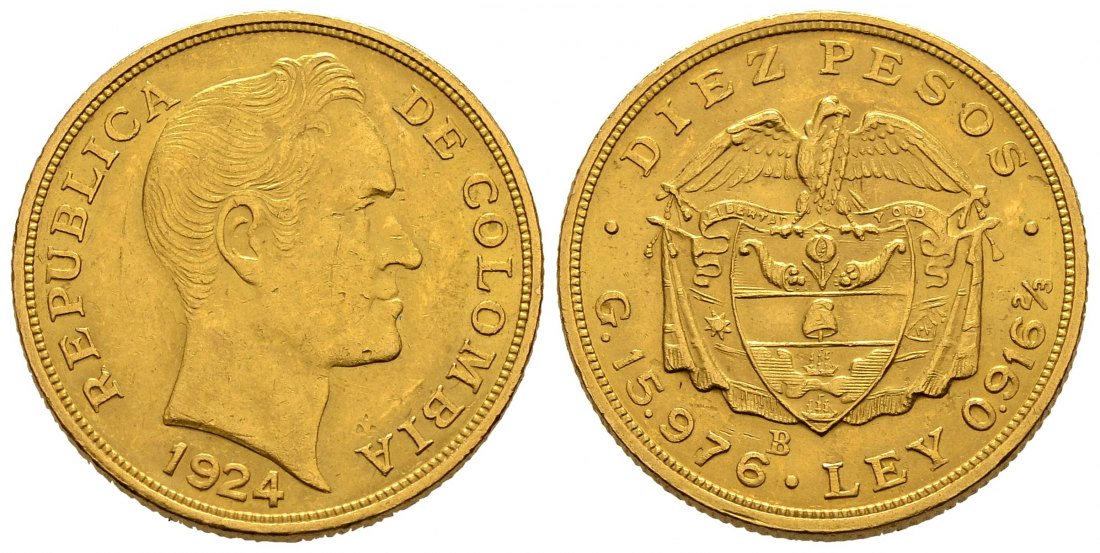 PEUS 2662 Kolumbien 14,64 g Feingold 10 Pesos GOLD 1924 Sehr schön