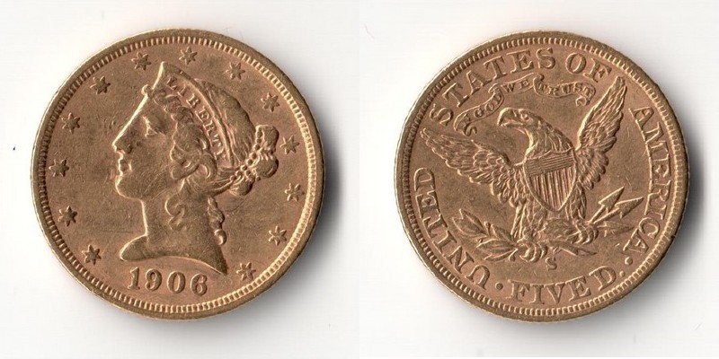 USA  5 Dollar  1906 MM-Frankfurt   Feingold: 7,52g Liberty  