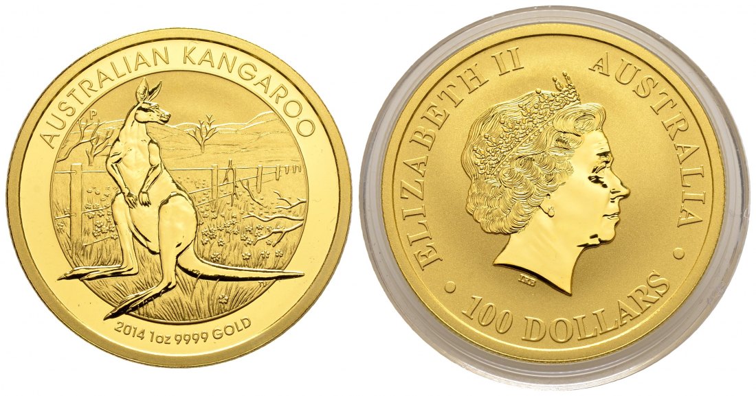 PEUS 2696 Australien 31,1 g Feingold. Känguru 100 Dollars GOLD Unze 2014 Uncirculated (in Kapsel)