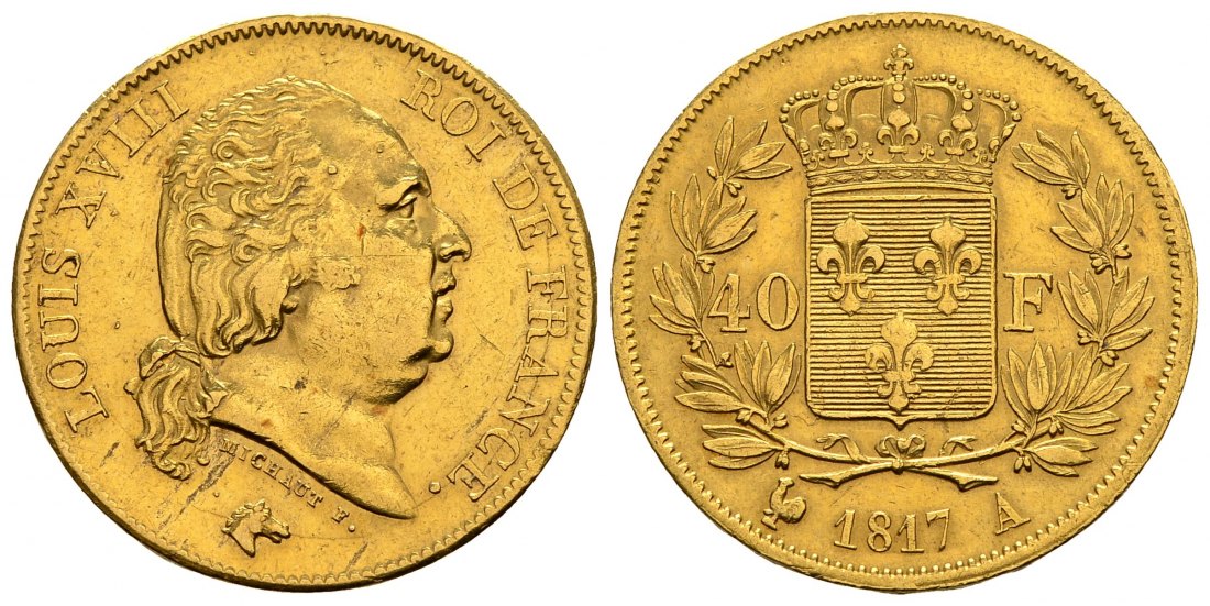 PEUS 2710 Frankreich 11,62 g Feingold. Ludwig XVIII. (1815 - 1824) 40 Francs GOLD 1817 A Paris Kratzer, Sehr schön