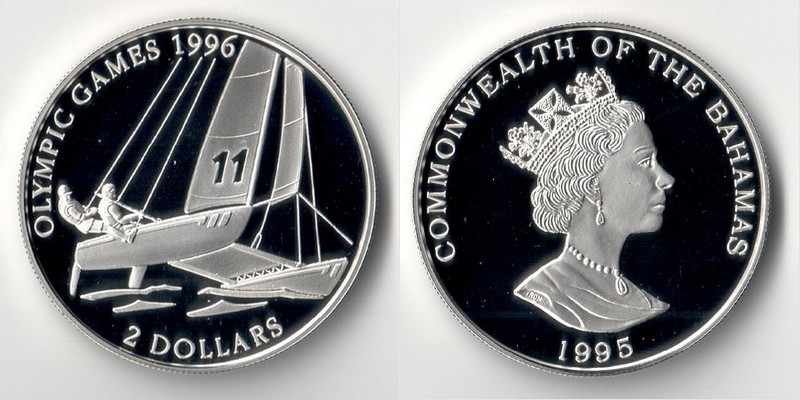  Bahamas  2 Dollar  1995    Olympia - Katamaran segeln   FM-Frankfurt    Feinsilber: 21,58g   