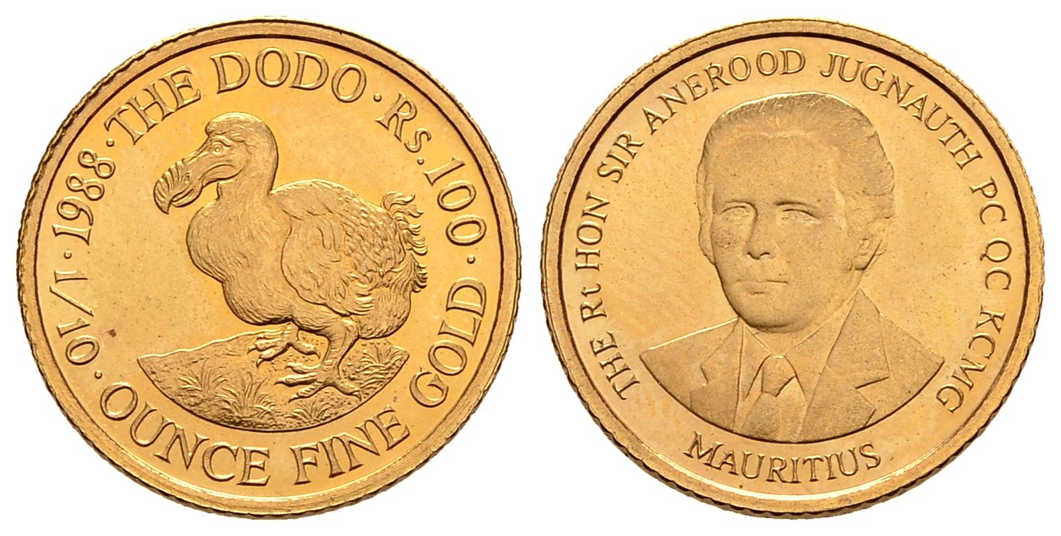 PEUS 2821 Mauritius 3,11 g Feingold. Sir Jugnauth - Dodo 100 Rupees GOLD 1/10 Unze 1988 Kl. Einhieb, fast Stempelglanz