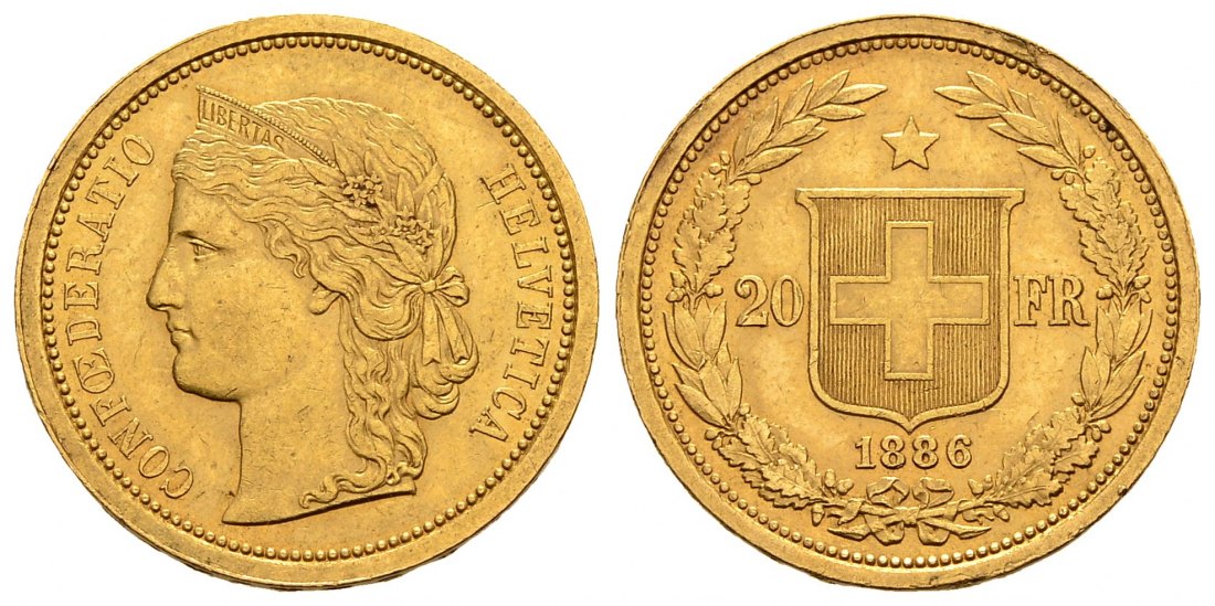 PEUS 2825 Schweiz 5,81 g Feingold. Libertas 20 Franken GOLD 1886 Sehr schön