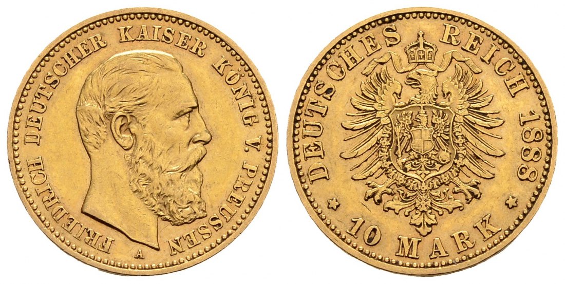 PEUS 2827 Kaiserreich - Preußen 3,58 g Feingold. Friedrich III. (09.03.- 15.06.1888) 10 Mark GOLD 1888 A Sehr schön
