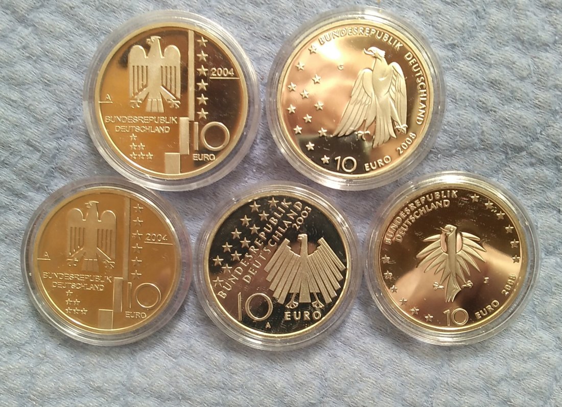  5 x 10 Euro BRD in Spiegelglanz, PP, Silbermünzen, Topzustand, Nominalwert 50 Euro   