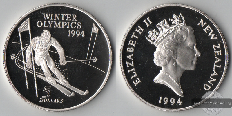  Neuseeland 5 Dollar  1994 Olympic Games - Ski Slalom    FM-Frankfurt   Feingewicht: 29,11g   