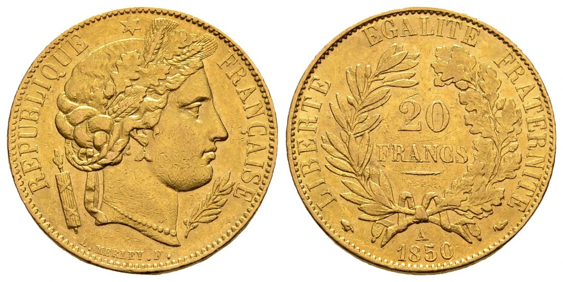 PEUS 2881 Frankreich 5,81 g Feingold. Zweite Republik (1848 - 1852) 20 Francs GOLD 1850 A Kl. Kratzer, sehr schön