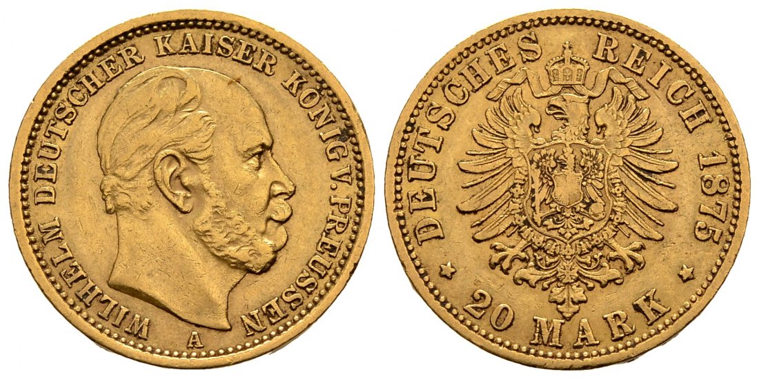 PEUS 2890 Kaiserreich - Preußen 7,16 g Feingold. Wilhelm I. (1861 - 1888) 20 Mark GOLD 1875 A Berlin Sehr schön