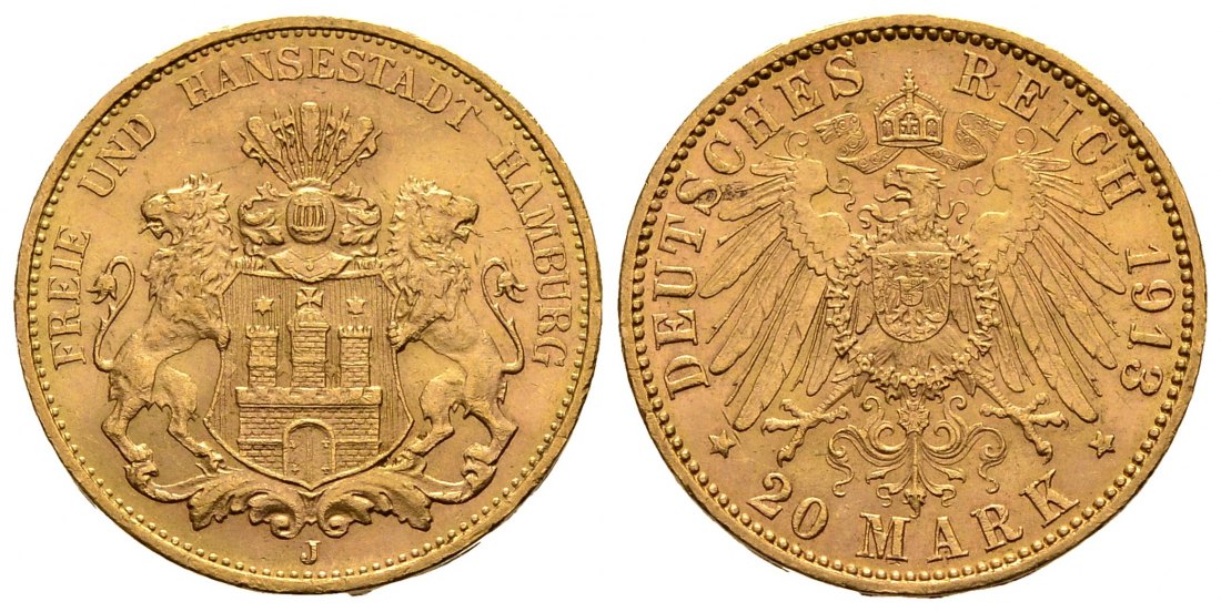 PEUS 2896 Hamburg - Kaiserreich 7,16 g Feingold. Stadtwappen 20 Mark GOLD 1913 J Kl. Kratzer, fast Vorzüglich